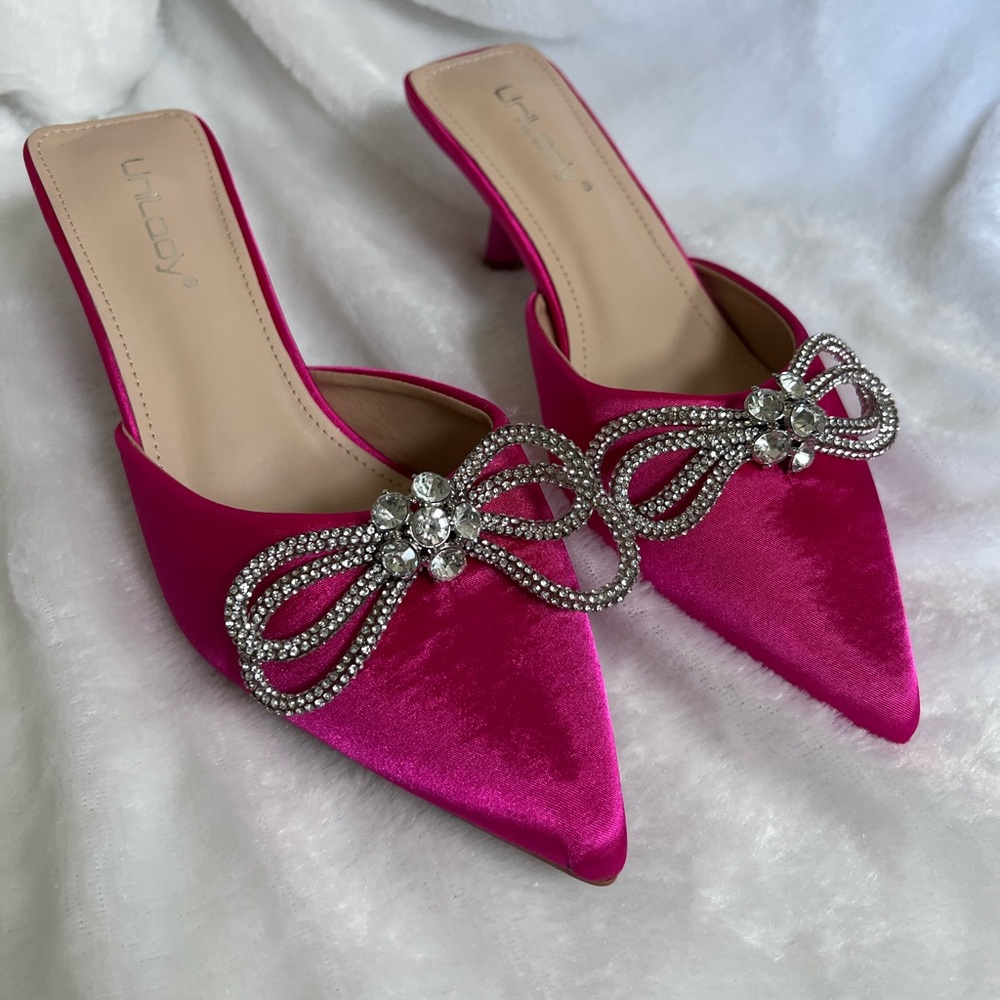 Pink with crystal bow slip on heels, size 6